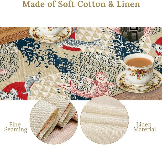 Japanese Table Runner Oriental Tradition Kio Fish Art Printed Burlap Runner Home Kitchen Dining Table Living Room Decor Fabric 1 Panel W13xL90in