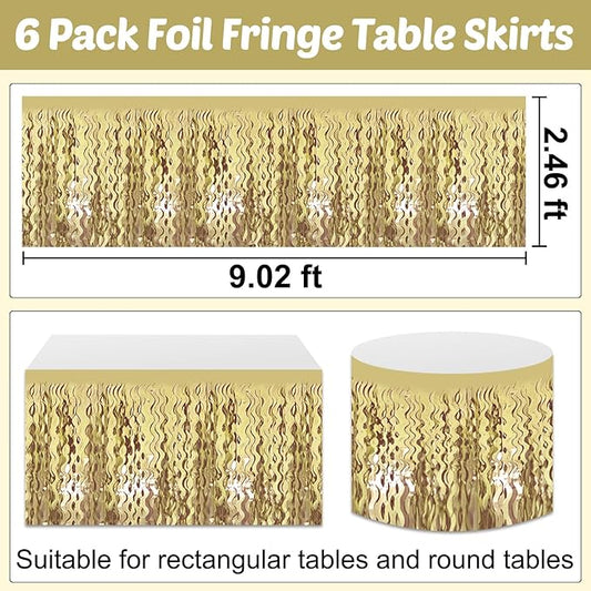 6 Pack 29x108 Inch Light Gold Wave Foil Fringe Table Skirts Metallic Banner for Tinsel Streamer Garland Backdrop for Parade Floats Wedding, Mother's Day, Birthday Mardi Gras Party Decorations