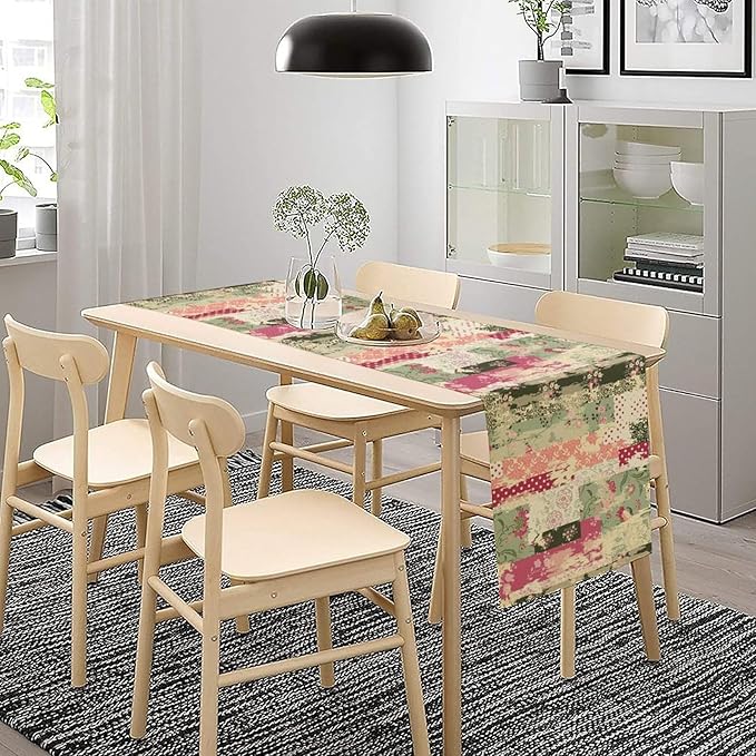 Patchwork Flower Table Runner,Abstract Colorful Floral Retro Style Hand Drawn Tablecloth Burlap for Hotel Indoors Outdoor Dining Room Kitchen Home Decor,W13X L108 in