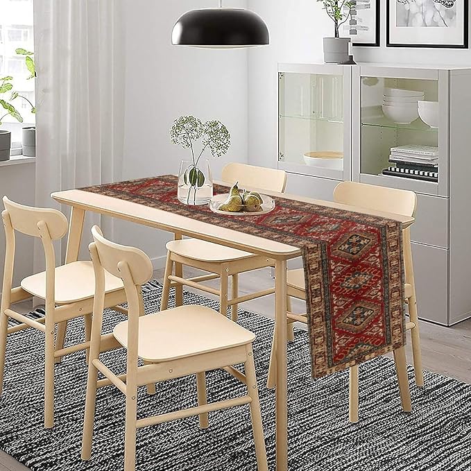 Boho Floral Vintage Table Runner, Red Grey Retro Flower Rustic Country Farmhouse Abstract Pattern for Home Kitchen Table Decor Dining Coffee Room Party Decor 13x90in