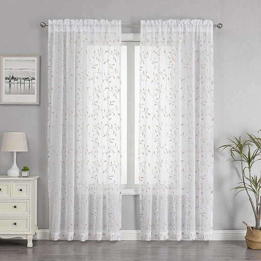 VISIONTEX White Sheer Voile Curtains, Decorative Orange Leaves Embroidery Faux Linen Rod Pocket Window Drapes for Home Kitchen, Living Room and Bedroom 54 x 63 Inch, Set of 2 Curtain Panels