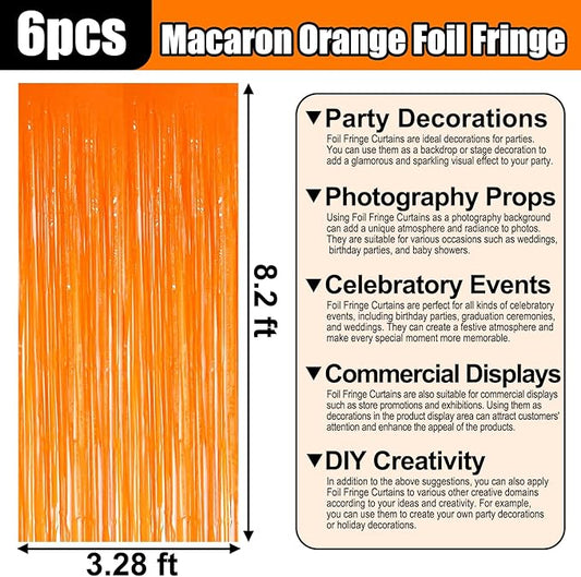 6 Pack Macaron Orange Foil Fringe Curtain Backdrop, 3.28Ft x 8.2Ft Metallic Tinsel Foil Fringe Streamer Curtains for Photo Booth, Birthday, Wedding, New Year Party Decorations