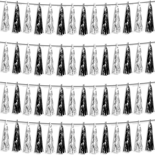 4P Black Silver Foil Fringe Metallic Tassel Streamers Banner Tassel Garland for Parade Floats, Graduation, Wedding, Birthday, Halloween, Christmas, Bridal/Baby Shower Party Decorations