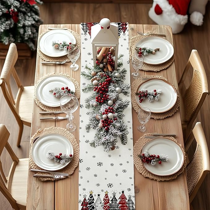 GEEORY Christmas Table Runner 13x60 Inch, Xmas Tees Snowflakes Holiday Decorative Farmhouse Table Decoration for Kitchen Dinning, Indoor Outdoor Dinner Party Decor ((Red & Black) GT165-60
