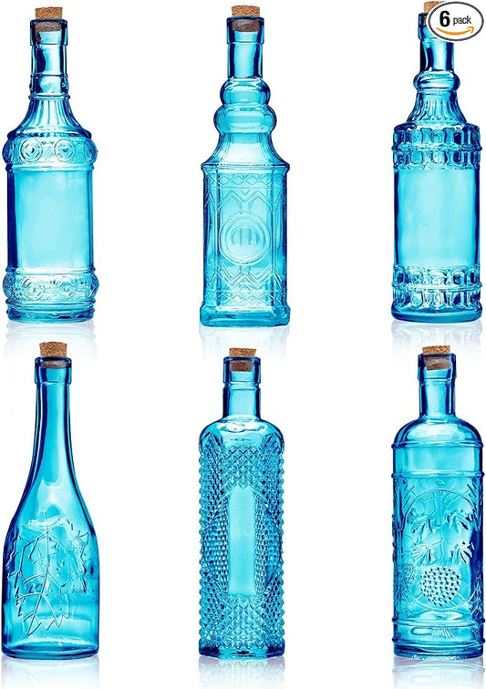 Assorted Blue Glass Bottles with Corks, 6 Pack, 2.5in X 9in, 16oz