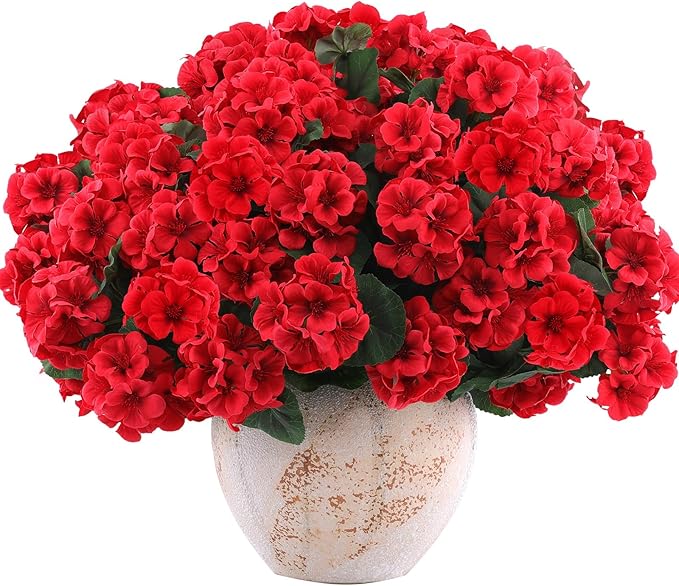 Hananona 12 Pcs Artificial Geranium Flowers for Outdoors Geranium Silk Red Flowers Outdoor UV Resistant Garden Plants Faux Flower for Christmas Home Kitchen Table Centerpieces Decor (12, Red)