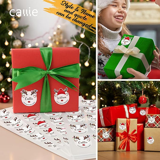 30pcs Personalized Christmas Stickers with Name, Custom Reindeer Waterproof Christmas Gift Tags for Gift Box Holiday Decorations, Stockings, Party Favors, 3"