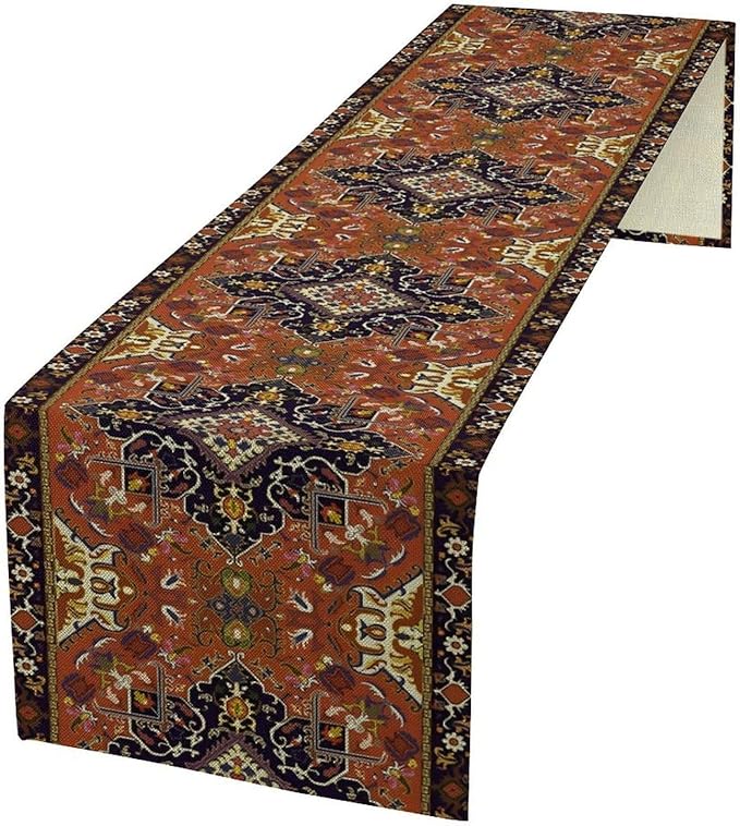 Vintage Boho Orange Table Runner, Country Rustic Farmhouse Magical Abstract Print Pattern for Home Kitchen Table Decor Dining Coffee Room Garden Party Decor 13x60in