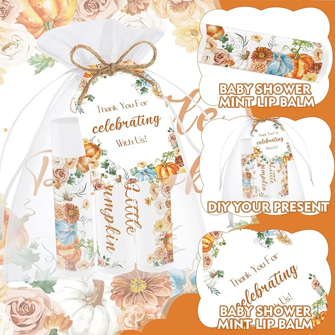 50 PCS Baby Shower Lip Balms for Guests, Boys Girls Neutral Gender Reveal Baby Shower Party Favors with Thank You Card Tags Thanksgiving Decorations Pumpkin Flower