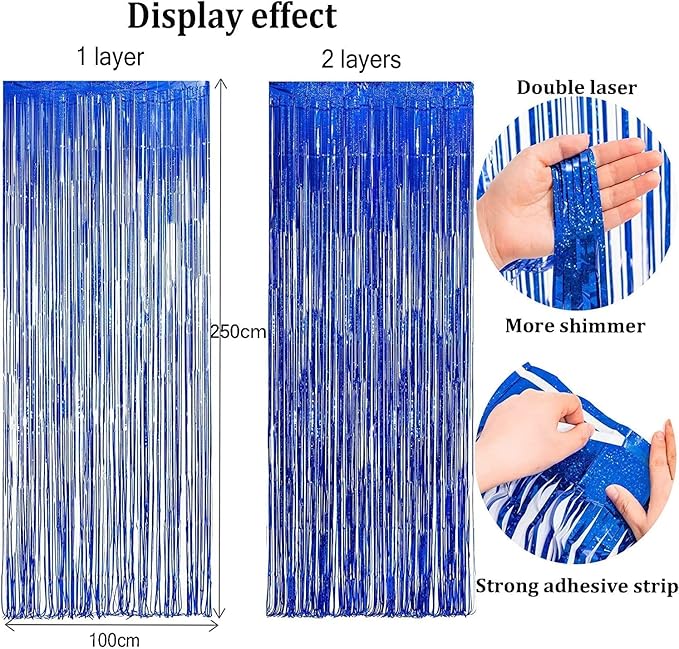 Foil Fringe Curtain Party Decorations - Black Blue Metallic Tinsel Photo Booth Backdrop Party Steamers Curtains for Birthdays Christmas New Years Homecoming Decoration