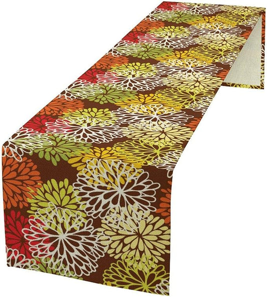Brown Dahlia Floral Table Runner, Seasonal Autumn Thanksgiving Pattern Print for Home Kitchen Table Decor Dining Coffee Room Party Decor 13x90 Inch