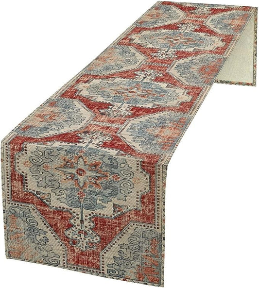 Boho Floral Vintage Table Runner, Retro Blue Red Flower Rustic Country Farmhouse Abstract Pattern for Home Kitchen Table Decor Dining Coffee Room Party Decor 13x108in