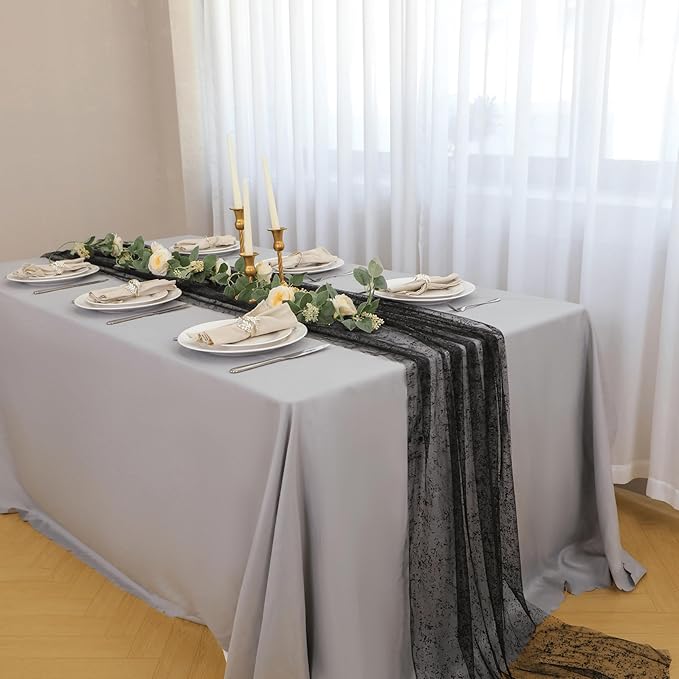 Snowkingdom Black Table Runner, 10FT Sheer Tulle Cheesecloth Gauze Metallic Mesh Foil Table Decoration for Halloween, Party, and Christmas