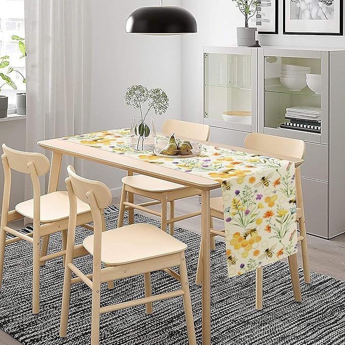 Summer Bee Table Runner, Seasonal Spring Wildflowers Bee Yellow Honeycombs Farmhouse Table Runner for Kitchen Dining Table Home Party Decor, 13x60inch