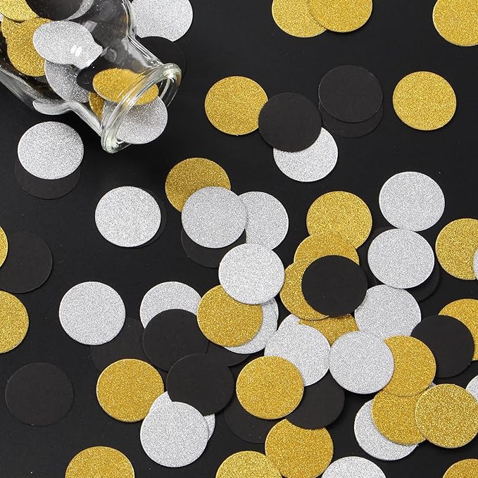 Silver Black Gold Party Decorations - 300Pcs Paper Glitter Confetti Birthday New Years Eve Retirement Graduation Classroom Table Decor Supplies