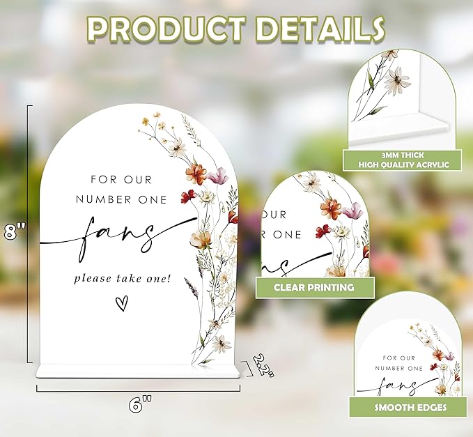 Boho Floral Wedding Fan Sign, 6 x 8 Inch White Arch Acrylic Wedding Sign with Holder, Wedding Sign for Ceremony and Reception, Wedding Decoration, Wedding Supplies - BX23