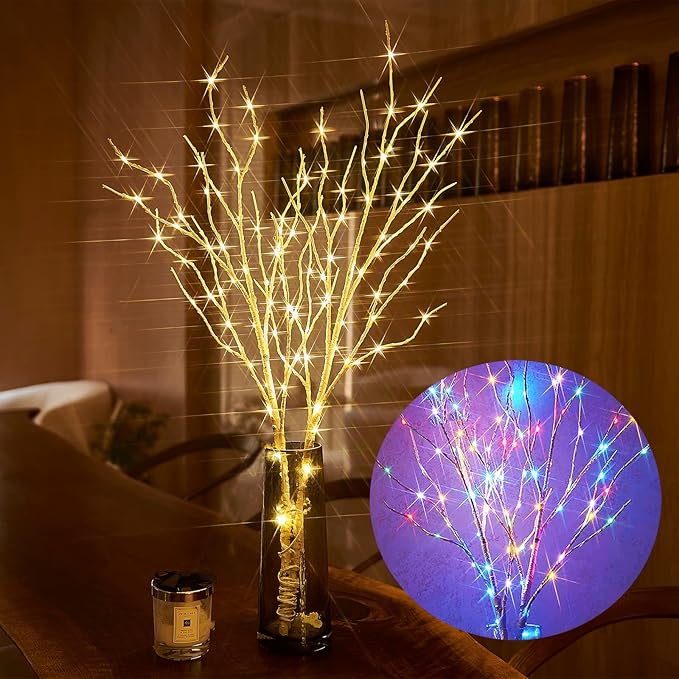 Birchlitland Lighted Birch Branch Battery Operated with 8 Functions 100 LED 32IN Multi Color and Warm White Lights, Artificial Tree Branch with Warm,Fireplace Christmas Holiday Decoration