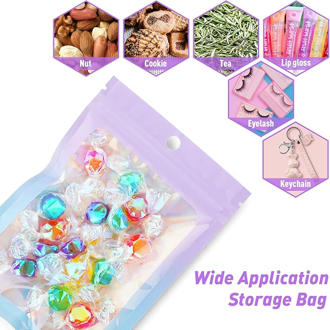 Funfery 100 Pack Holographic Mylar Bags,Clear Window Smell Proof Bag Foil Seal Pouch Resealable Bags with Zipper,Packaging Bag for Food Storage,Lash,Jewelry,Business Supplies(3×4.7in, Purple Blue)