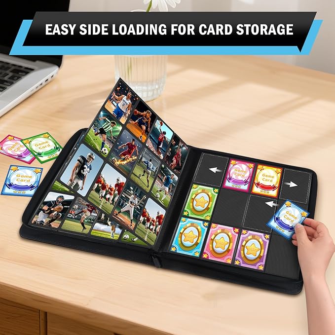 12 Pockets Trading Card Zipper Binder for 720 Cards, 30 Side-Loading Card Binder Folders, Ringless Card Sleeves with PU Cover, Collectible Trading Card Albums for Boys, Girls, Sports Game Cards, Blue