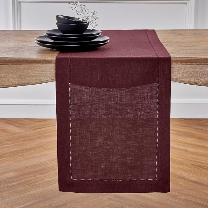 Solino Home Linen Table Runner 36 Inches - 100% Pure Linen Burgundy Hemstitch Table Runner 14 x 36 Inch Ideal for Dresser and Coffee Tables - Fall, Autumn, Thanksgiving, Holiday - Classic Hemstitch