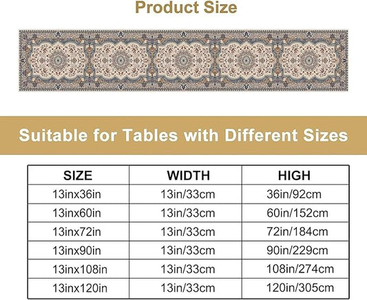 Boho Bohemia Style Table Runner, Vintage Blue Teal Gold Retro Flower Rustic Country Style Floral Print Pattern for Home Kitchen Table Decor Dining Coffee Room Garden Party Decor 13x36in
