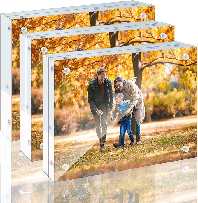 3 Pack 4x6 Acrylic Picture Frames - 20% Thicker Double Sided Magnetic Frame with UV Protection - Freestanding Clear Frameless Display for Tabletops - Modern Photo Frame Set for Home & Office Decor