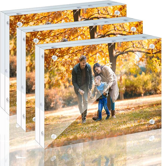3 Pack 8x10 Acrylic Picture Frames - 20% Thicker Double Sided Magnetic Frame with UV Protection - Freestanding Clear Frameless Display for Tabletops - Modern Photo Frame Set for Home & Office Decor