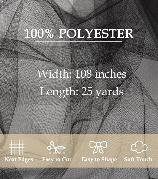Black Tulle Fabric 108" x 25 Yards Tulle Bolt for Wedding Decoration DIY Tutu Halloween Party Backdrop Baby Shower Table Skirts Gift Wrapping
