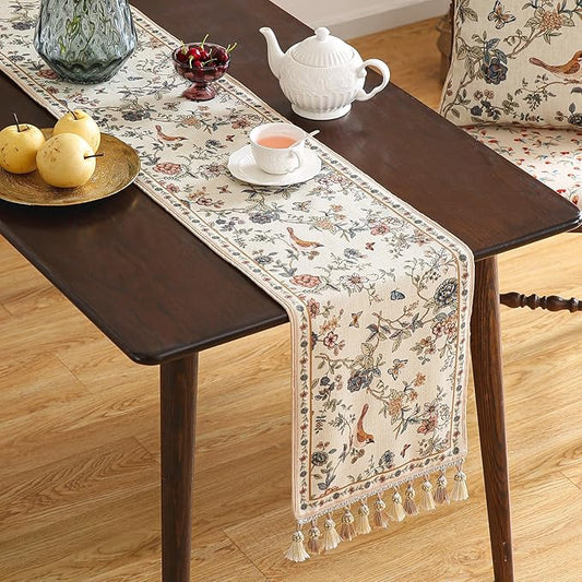 ISAENNE Designer Linen Table Runner 102 Inches Long,Elegant Floral Bird Pattern Table Runners for Dining Room,Farmhouse Rustic Kitchen Decor,Thanksgiving,Christmas,12"*102"-Cornucopia