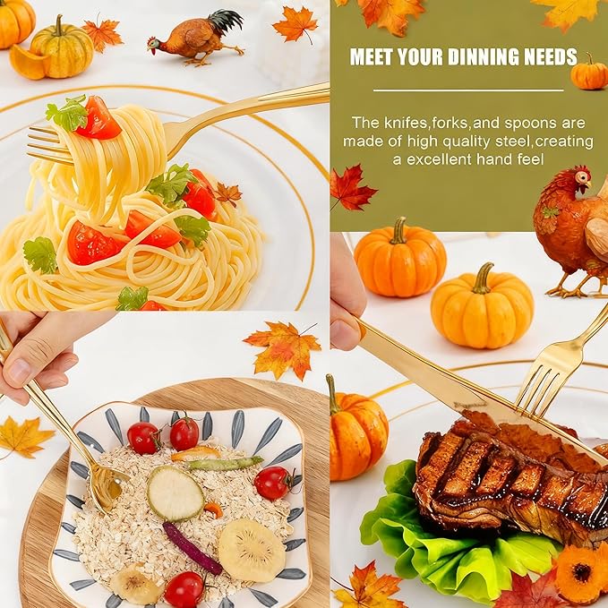 WDF 160 Piece Gold Plastic Silverware - Heavy Duty Gold Silverware Includes 80 Forks, 40 Spoons, 40 Knives, Plastic Utensils Perfect for Wedding, Thanksgiving Party