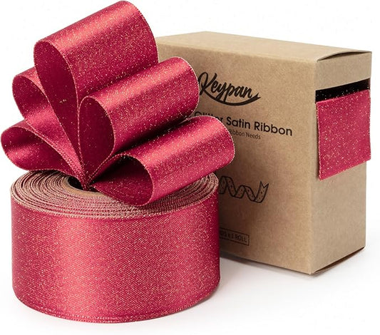 Christmas Ribbon Wired Red Satin Ribbons 1-1/2 Inch Double-Faced Gold Glitter for Tree Decoration, Wreath, Gift Wrapping, Home Decor 10 Yards