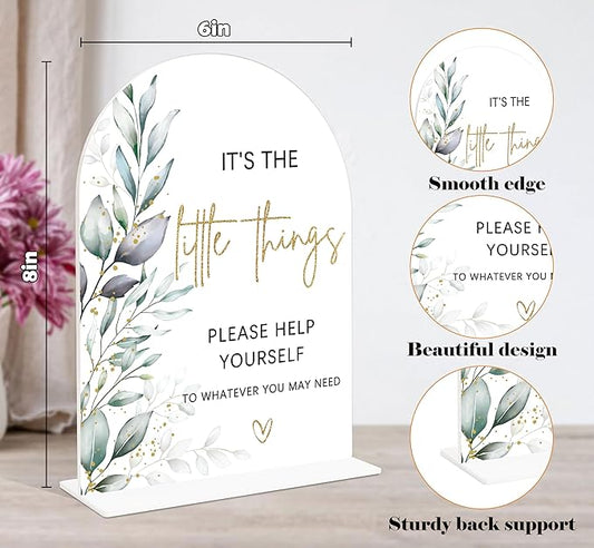 Acrylic Wedding Signs, Greenery Theme It's The Little Things Please Help Yourself Sign, Wedding Reception Signage, Bridal Shower Table Decor with Stand, Anniversary, Newlywed Events Supplies, 15