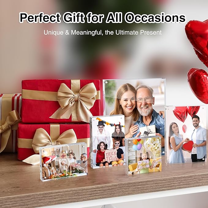 HOUSE DAY Acrylic Picture Frames 5x7, 6 Pack Magnetic 5x7 Picture Frame, Double Sided Clear 5 x 7 Photo Frame with Microfiber Cloth, Frameless FreeStanding 5x7 Frame Gift for Desktop Display