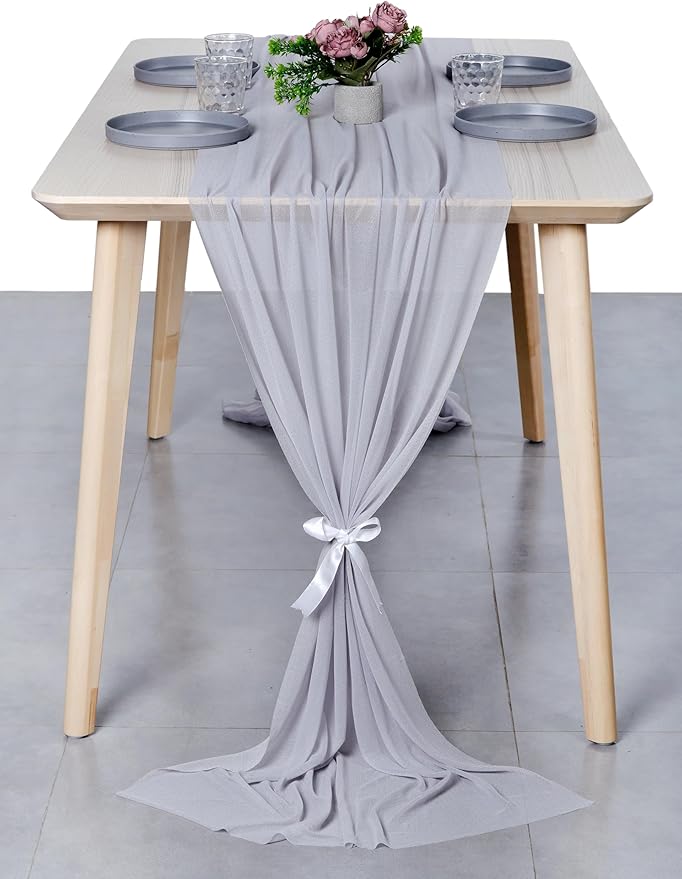 MDS 15 Pack 10ft Chiffon Table Runner 29 x 120 Inches Sheer Wedding Runner Romantic Rustic Table Runner for Wedding Decorations, Birthday Parties, Bridal Shower Party Arch Decor - Cool Gray