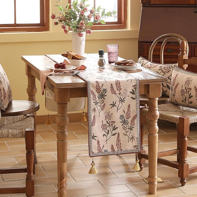 ISAENNE Designer Light Beige Linen Table Runner 71 Inches Long,Vintage Floral Wrinkle Resistant Decor Table Runners for Dining Tables,Christmas,Thanksgiving,Kitchen Tables,12"*71"-Helena A