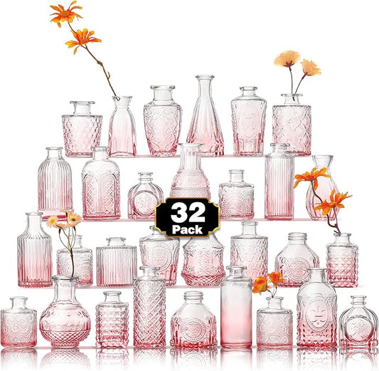 Arme Bud Vase Set of 32, Pink Vases in Bulk Bud Vase for Flower Small Glass Vases for Wedding Centerpieces, Vintage Cute Mini Flower Vase, Home Table Flower Decor