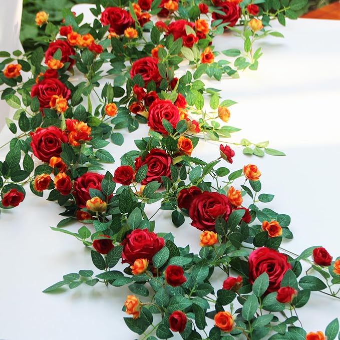 6FT Pink Flower Garland Artificial Rose Vines Hanging Floral Garland for Home Decor Wall Trellis Fence Wall Decoration (Red 2pcs)