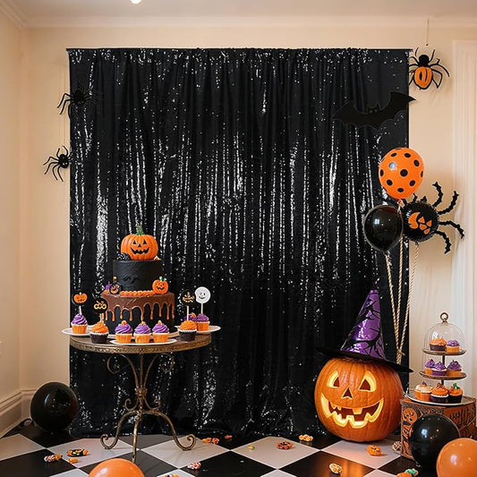 Poise3EHome 10Ft x 10Ft Black Sequin Backdrop Curtain, Glitter Thick Satin Background Drapes, Sparkly Opaque Photography Curtain, Sequence Xmas Thanksgiving Backdrop for Wedding Party Decor