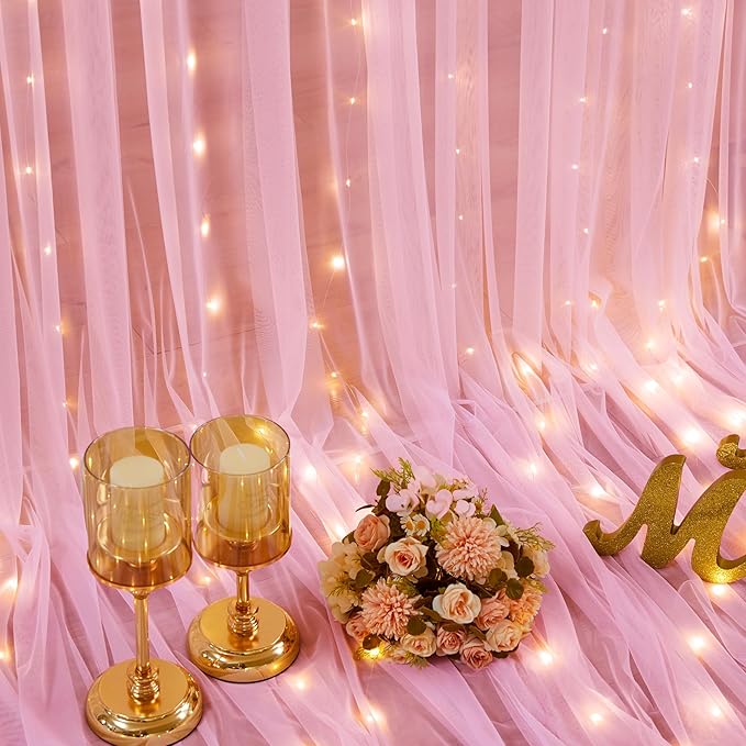 Sheer Backdrop Curtains with Lights String for Weddings Baby Showers, 10x8ft Sheer Tulle Photo Backdrop Curtains for Birthday Party Photography Background Decoration, Pink