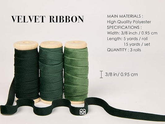 Vitalizart Green Velvet Ribbon 3/8" x 15 Yd Fabric Trim 3 Rolls * 5 Yd for Christmas Wreath Decoration Handmade Craft Ornaments Gift Wrapping & Bow Making Dark Forest