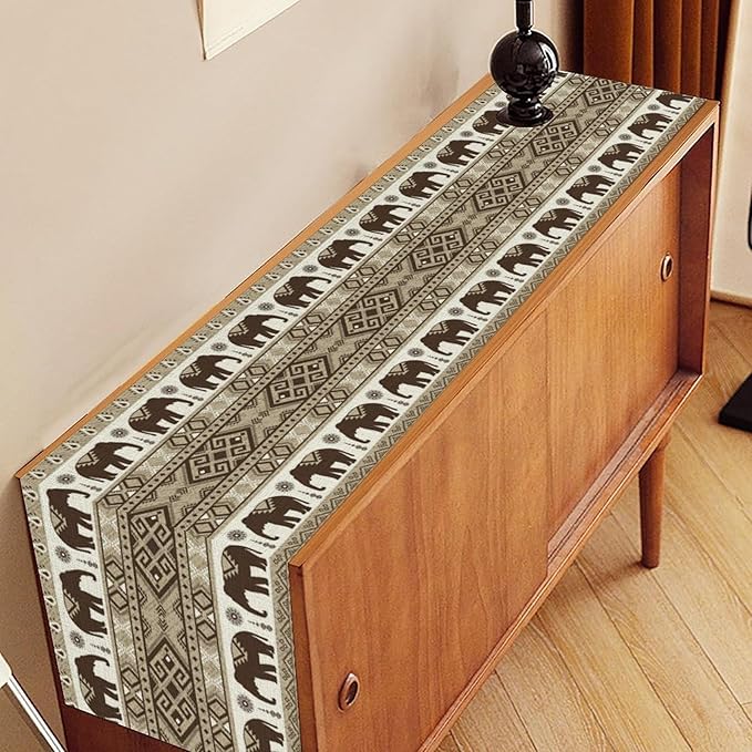 Ethnic Table Runner, Rustic Farmhouse Boho Indian Bohemian Elephant Aztec Tribal Print Beige Table Center Decor for Home Kitchen Dining Patio Holiday Party Indoor Table Decorations, 13"x36" Inch