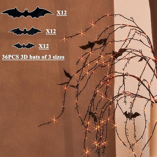 LITBLOOM Halloween Tree Branches with Lights 43IN 180 Orange and Warm White Fairy Lights, Lighted Black Weeping Willow Branches with Bats Dimmer and Timer for Home Fall Halloween Decoration