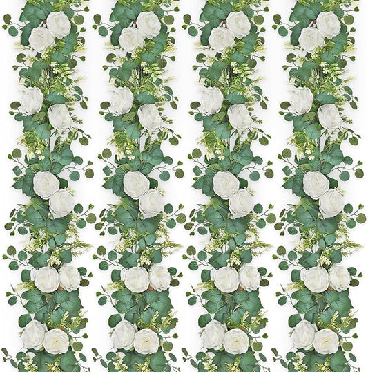 4PCS 6.23FT Artificial Eucalyptus Garland with Peony Flowers Fake Vines Floral Greenery Garland White Peonies Artificial Flowers for Centerpiece Table Runner Wedding Decor (White, 4PCS)