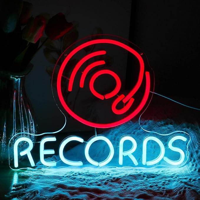 Vinyl Records Neon Sign, Neon Lights For Wall Decor, Funky Music Led Wall Decor, Aesthetic Grunge Neon Sign Room Decor -Energize Your Space With Magical Ambiance（16.5 X 12.6 inch）