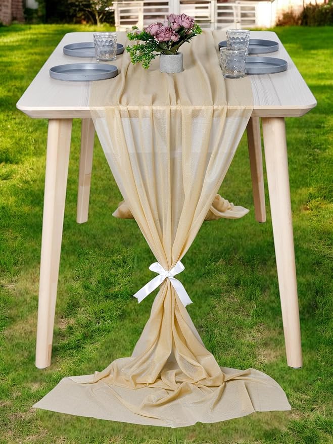 MDS 25 Pack 10ft Chiffon Table Runner 29 x 120 Inches Sheer Wedding Runner Romantic Rustic Table Runner for Wedding Decorations, Birthday Parties, Bridal Shower Party Arch Decor - Champagne Gold