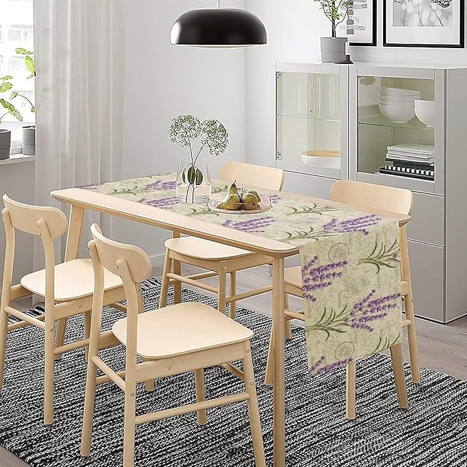 Floral Lavender Table Runner,Vintage Rustic Country Romantic Purple Flower Pattern Print Burlap for Hotel Indoors Outdoor Dining Room Kitchen Home Decor, 13x36in