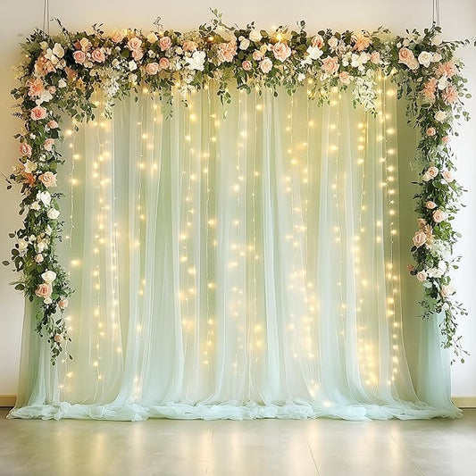 Fomcet Sage Green Tulle Backdrop Curtains with Lights String 10FT X 10FT Sheer Curtain with Lights Tulle Curtains Backdrop for Wedding Birthday Party Photo Shoot (2 Panels 5x10FT)