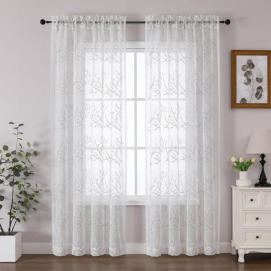 VISIONTEX Sheer Curtains 84 inch Length 2 Panels Set, Decorative Grey Coral Embroidery, Rod Pocket Embroidered Window Drapes for Living Room and Bedroom, 54" x 84"
