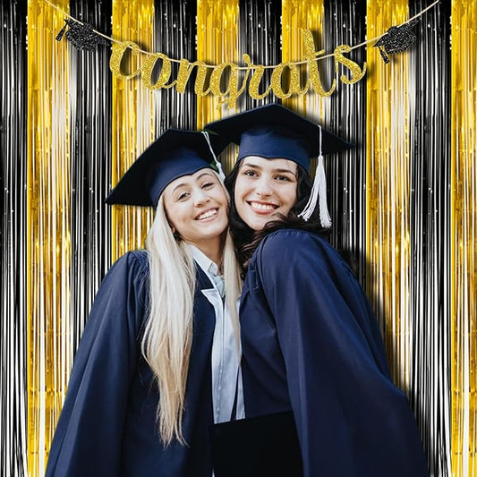 BRAVESHINE 3.2 x 8.2 ft Black Gold Foil Fringe Curtains - 2 Pack Metallic Photo Booth Streamers Backdrop for Boy Men Birthdays/New Years/Graduates/Homecoming/Farewell/Prom/Ramarak Party Decorations