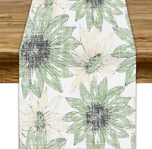 Chrysanthemum Vintage Floral Table Runner, Elegant Yellow Sunflower Spring Summer Elegant Pattern Artichokes Flower Table Runner for Party Kitchen Dining Living Room Decor, 13x90 Inch